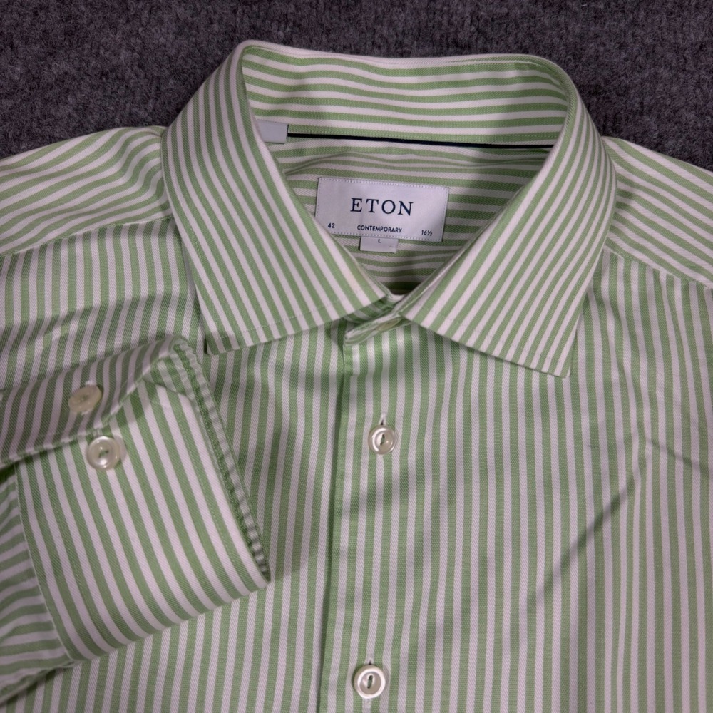 Eton Dress Shirt Striped Contemporary Mens L 16.5 Green Cotton EUC